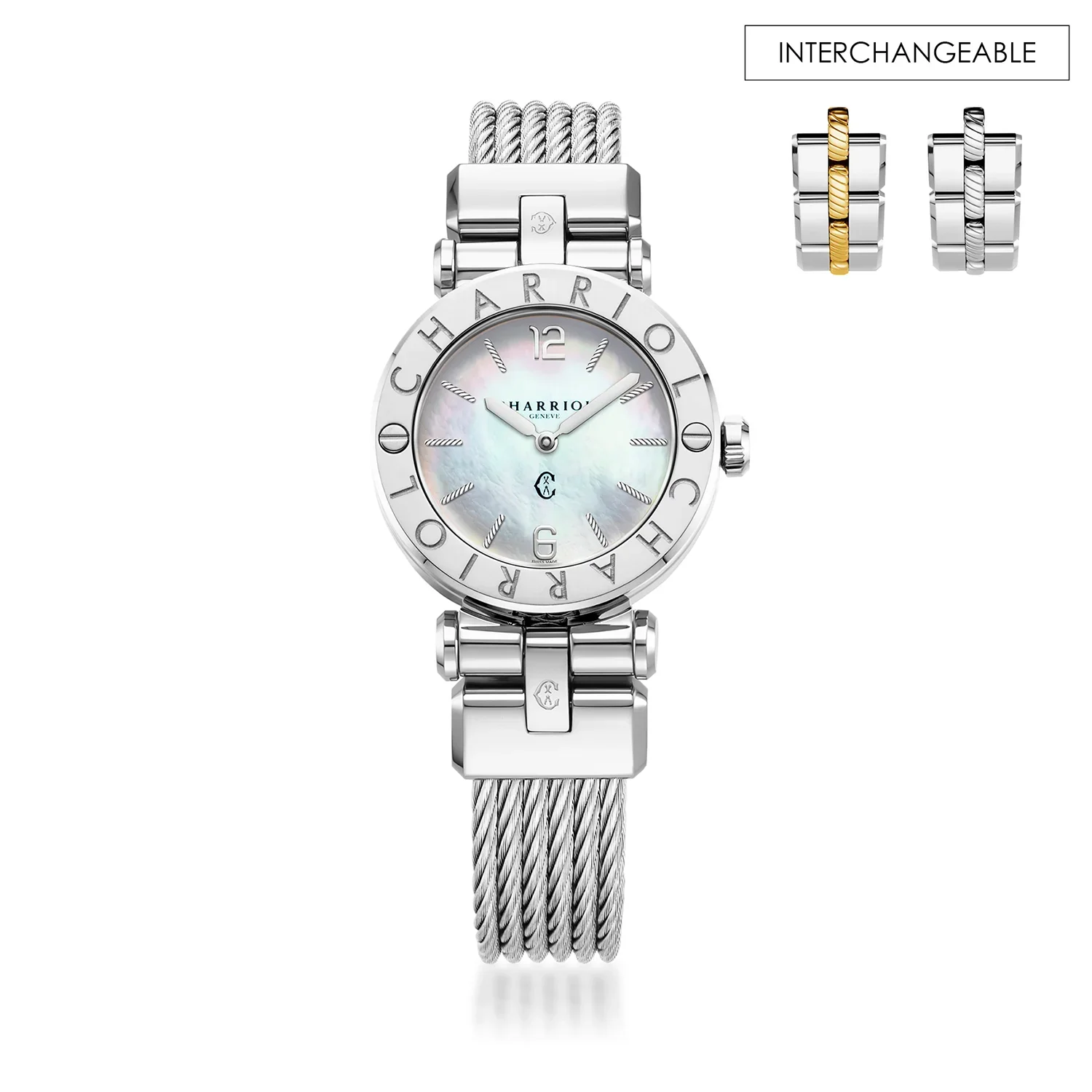 NAVIGATOR CRUISE, 28MM, QUARTZ CALIBRE, MOTHER-OF-PEARL DIAL, STEEL "CHARRIOL CHARRIOL" WITH 2 SCREWS BEZEL, STEEL CABLE INTERCHANGEABLE BRACELET