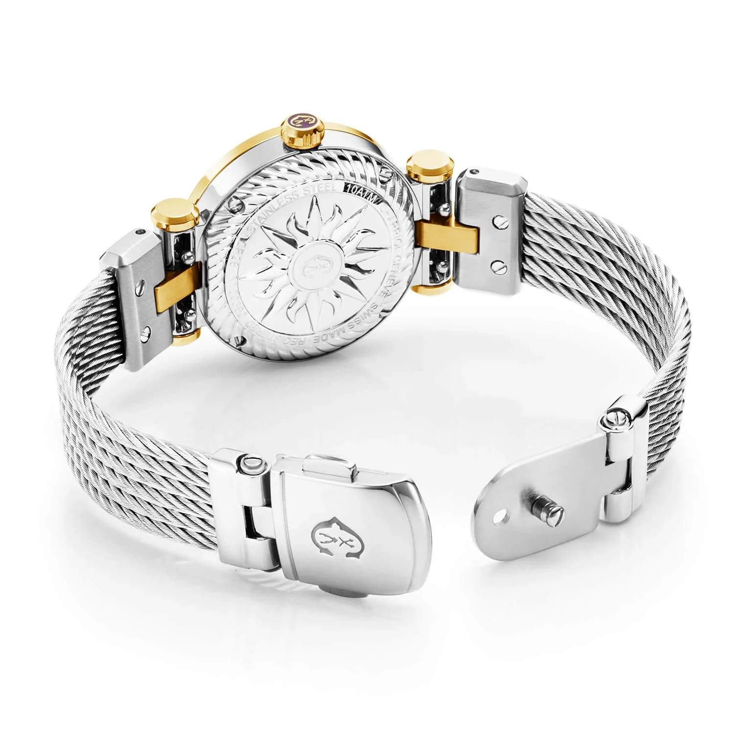 NAVIGATOR CRUISE, 28MM, QUARTZ CALIBRE, WHITE MOTHER-OF-PEARL WITH 12 ROMAN FIGURES DIAL, STEEL YELLOW GOLD PVD "CHARRIOL CHARRIOL" WITH 2 SCREWS BEZEL, STEEL INTERCHANGEABLE CABLE BRACELET WITH 2 YELLOW GOLD PVD ATTACHED - Image 2
