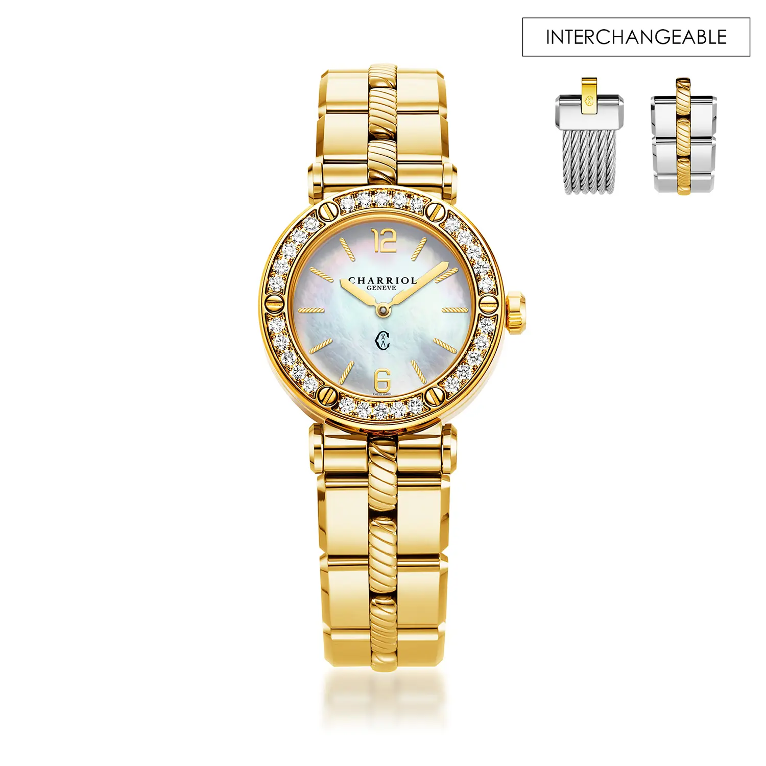 NAVIGATOR CRUISE, 28MM, QUARTZ CALIBRE, MOTHER-OF-PEARL DIAL, 30 DIAMONDS BEZEL, STEEL YELLOW GOLD PVD INTERCHANGEABLE BRACELET