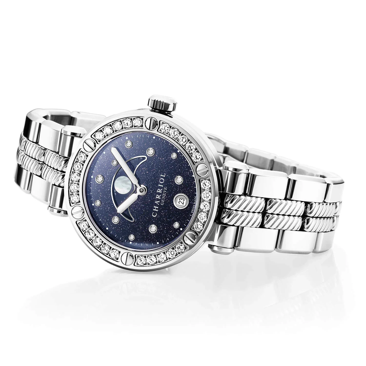 NAVIGATOR CRUISE, 36MM, MOONPHASE QUARTZ CALIBRE, AVENTURINE PRINTED WITH 11 DIAMONDS DIAL, STEEL WITH 30 DIAMONDS AND 6 SCREWS BEZEL, METAL INTERCHANGEABLE BRACELET - Image 4