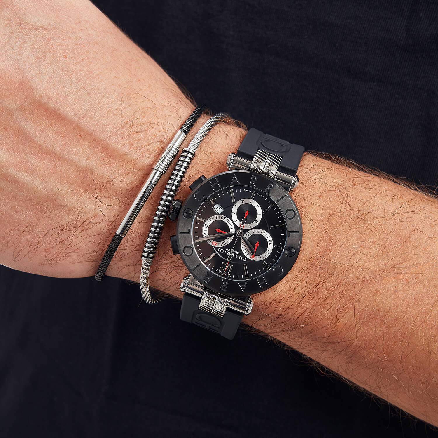 NAVIGATOR CRUISE, 41MM, QUARTZ CHRONOGRAPH CALIBRE, BLACK WITH RED CROSSES DIAL, STEEL BLACK PVD "CHARRIOL CHARRIOL" BEZEL, BLACK RUBBER INTERCHANGEABLE STRAP BRACELET - Image 8