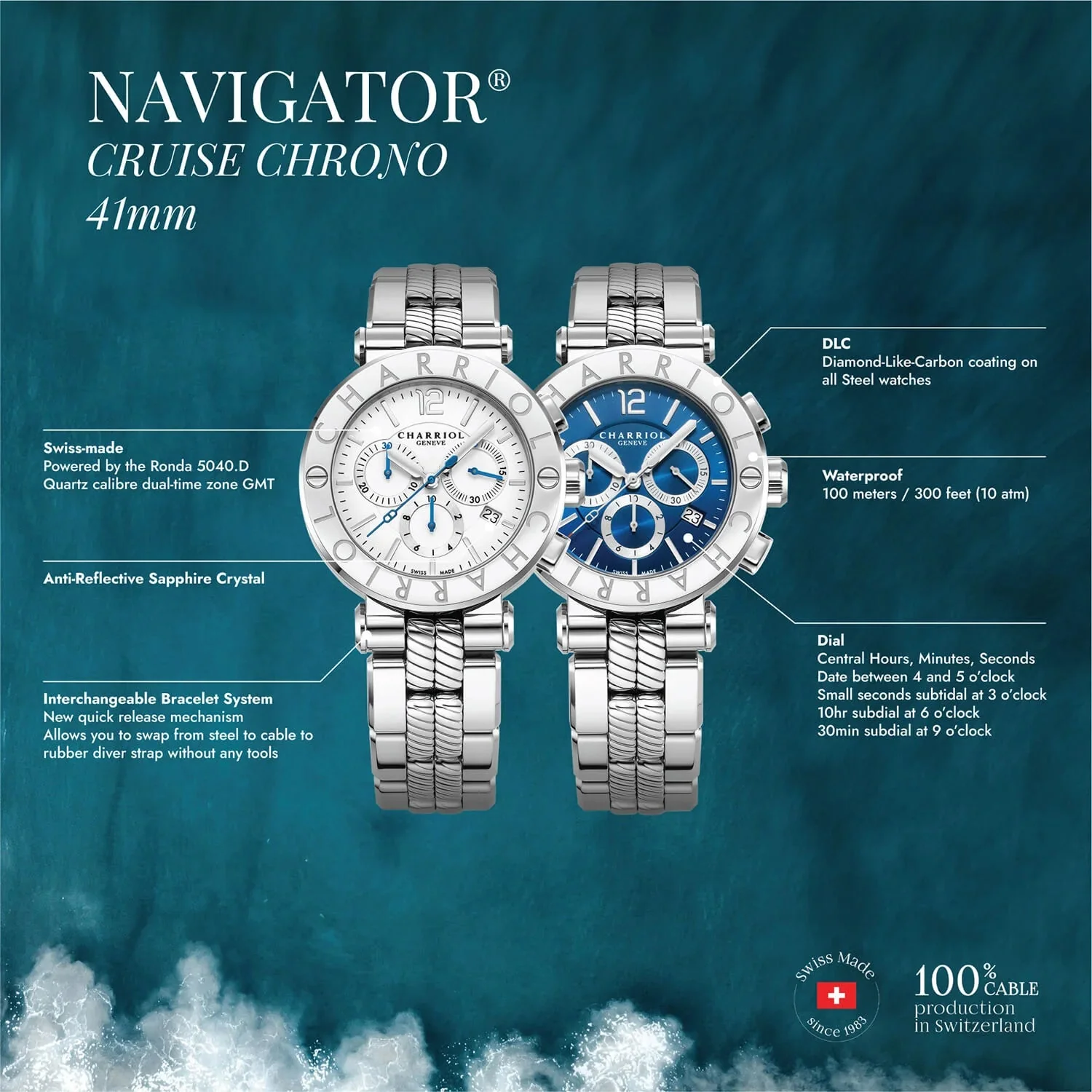 NAVIGATOR CRUISE, 41MM, QUARTZ CHRONOGRPH CALIBRE, BLUE WITH 3 RHODIUM MIRRORS & INDEX DIAL, STEEL "CHARRIOL CHARRIOL" WITH 2 SCREWS BEZEL, STEEL METAL INTERCHANGEABLE BRACELET - Image 9