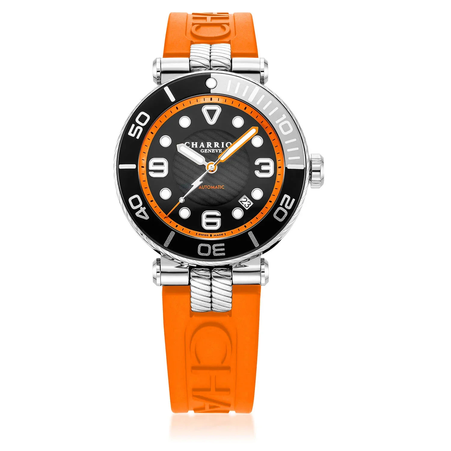 NAVIGATOR SURF, 41MM, AUTOMATIC CALIBRE, BLACK LUMINOVA DIAL, BLACK AND SILVER BEZEL, ORANGE RUBBER INTERCHANGEABLE BRACELET
