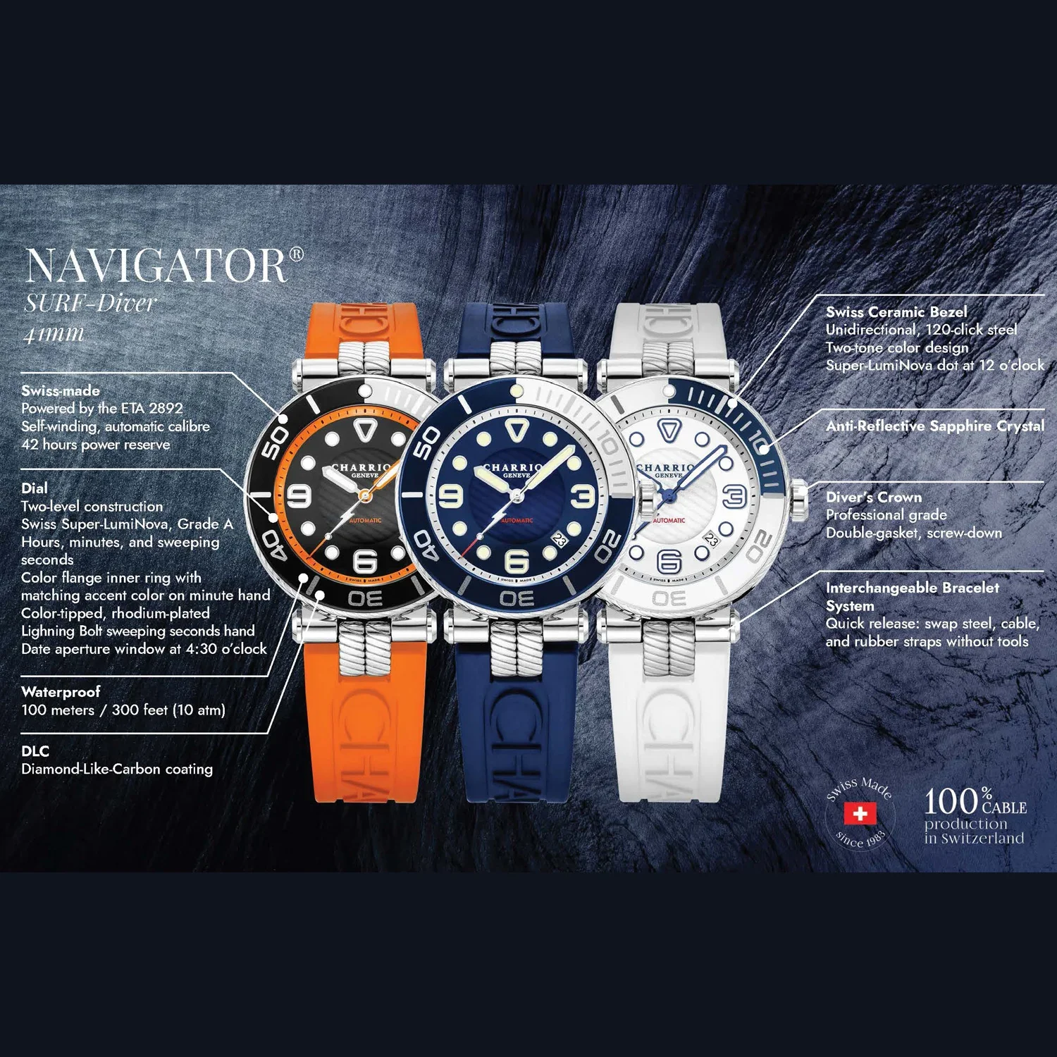 NAVIGATOR SURF, 41MM, AUTOMATIC CALIBRE, BLACK AND SILVER LUMINOVA DIAL, BLACK AND SILVER UNIDIRECTIONAL BEZEL, BLACK RUBBER INTERCHANGEABLE BRACELET - Image 6
