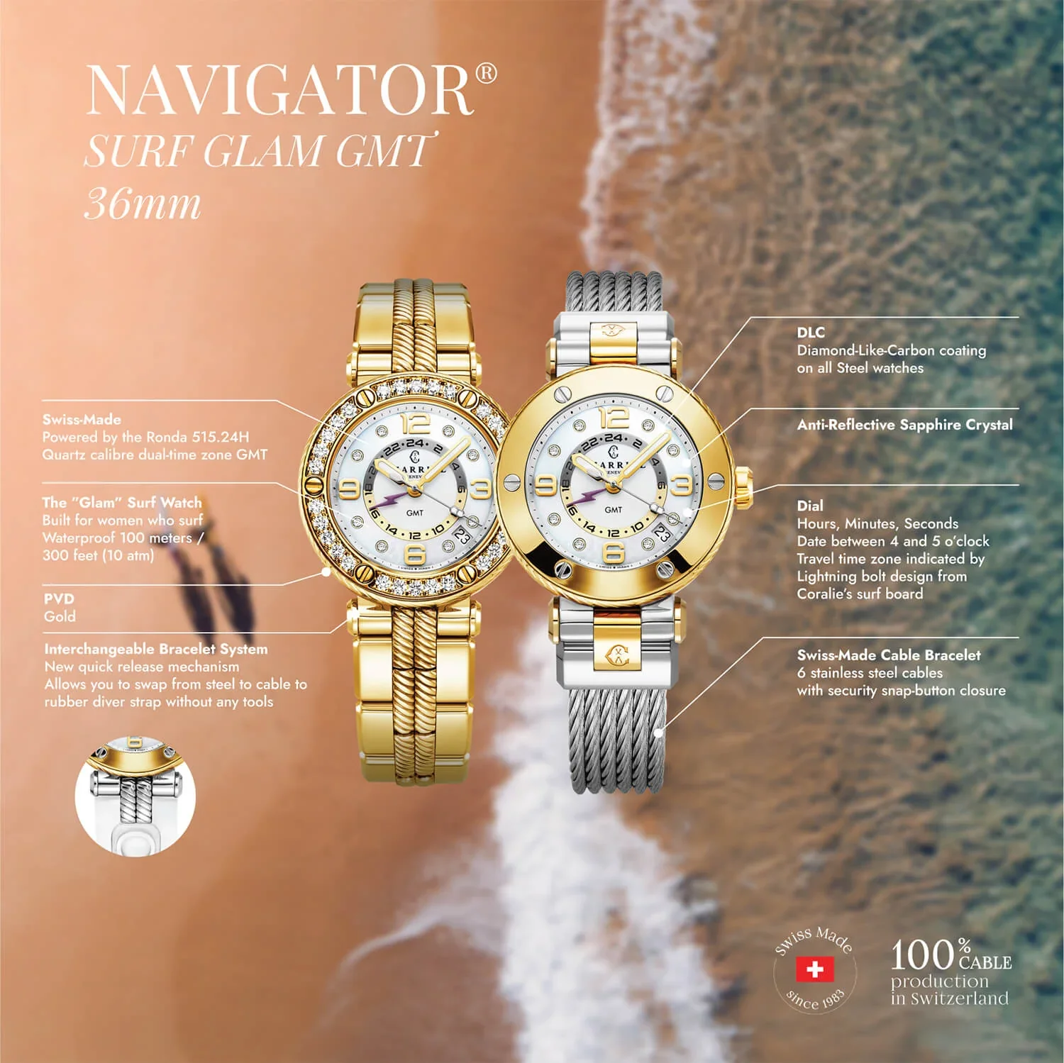 NAVIGATOR SURF GMT, 36MM, QUARTZ GMT CALIBRE, WHITE DIAL, 6 SCREWS BEZEL, STEEL INTERCHANGEABLE BRACELET - Image 6