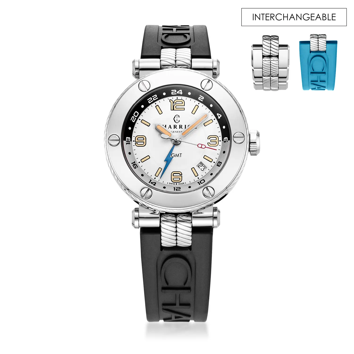 NAVIGATOR SURF GMT, 41MM, AUTOMATIC CALIBRE, WHITE DIAL WITH BLACK & WHITE RING, STEEL WITH 6 SCREWS BEZEL, BLACK RUBBER INTERCHANGEABLE BRACELET