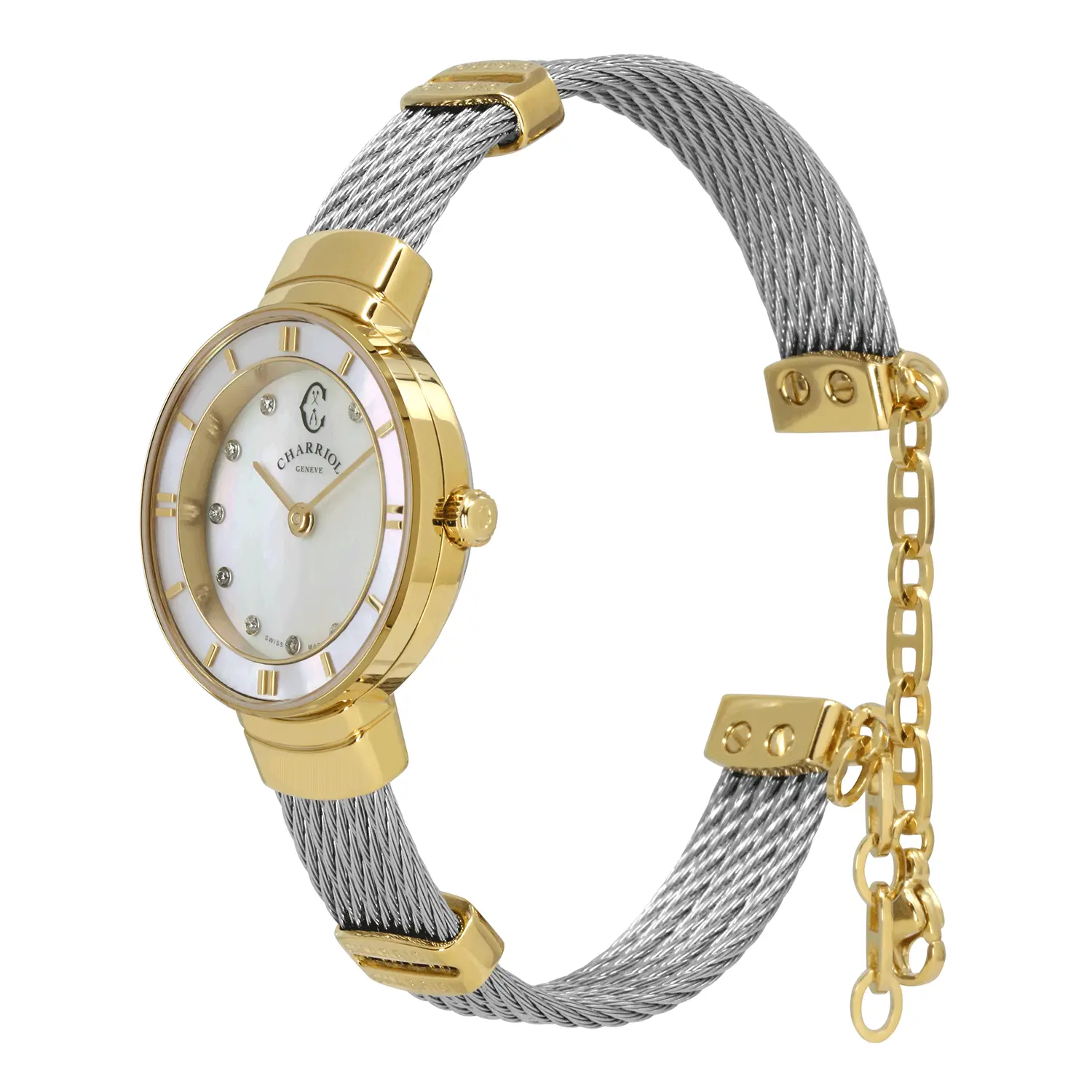 ST TROPEZ®, 25MM, QUARTZ CALIBRE, MOTHER-OF-PEARL WITH 11 DIAMONDS DIAL, YELLOW GOLD PVD BEZEL, STEEL CABLE BRACELET & YELLOW GOLD PVD DECORS - Image 3