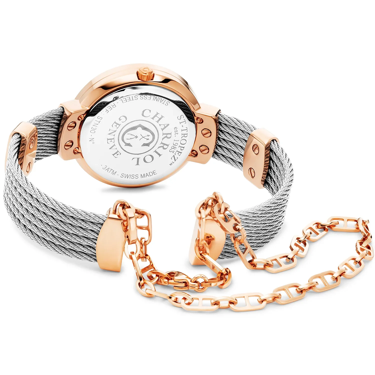 ST TROPEZ®, 30MM, QUARTZ CALIBRE, MOTHER-OF-PEARL DIAL, "CHARRIOL CHARRIOL" BEZEL WITH 2 SCREWS, STEEL CABLE BRACELET & ROSE GOLD PVD DECORS - Image 2