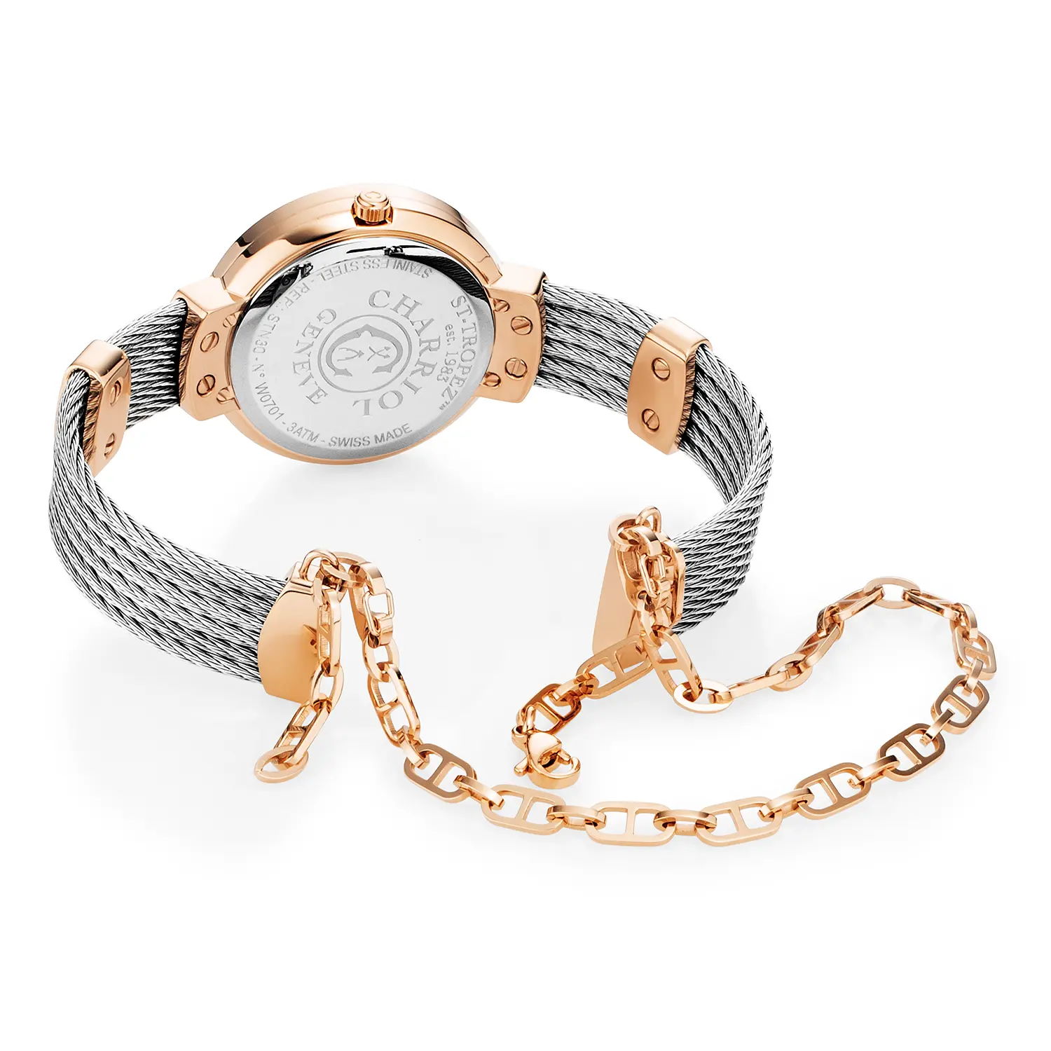 ST TROPEZ®, 30MM, QUARTZ CALIBRE, MOTHER-OF-PEARL WITH 10 DIAMONDS DIAL, MOTHER-OF-PEARL BEZEL, STEEL CABLE BRACELET & ROSE GOLD PVD DECORS - Image 6